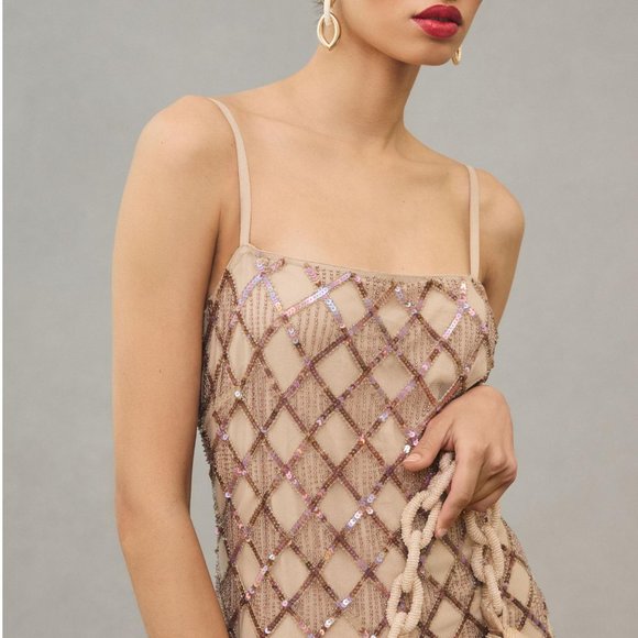 Anthropologie Let Me Be Checked Shine Dress Mauve Beaded Sequined - Large - Picture 3 of 11